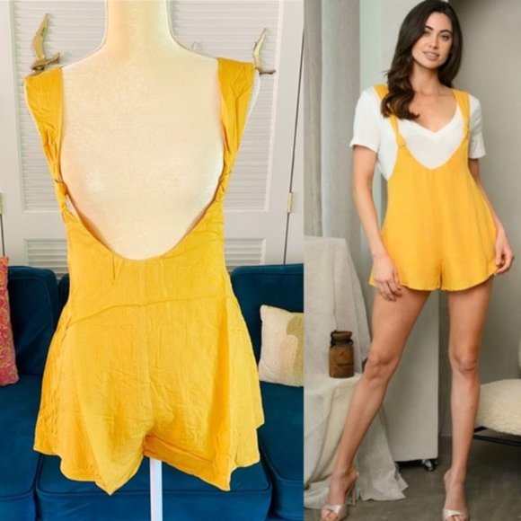 Le Lis | Casey Mustard Yellow Knotted Strap Pinafore Romper Retro Shorts Medium - Picture 1 of 13